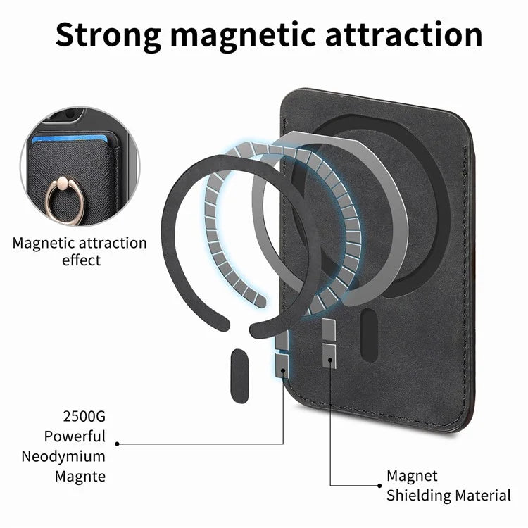 MC-W9 Magnetic Card Holder Ring Holder Kickstand Cross Texture Leather Phone Card Bag