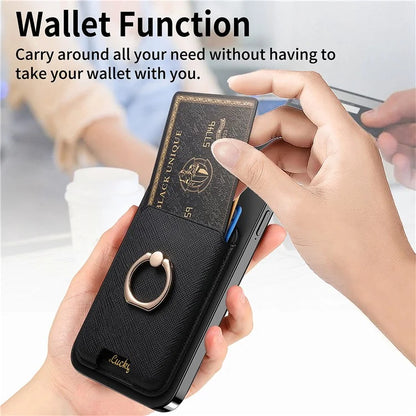 MC-W9 Magnetic Card Holder Ring Holder Kickstand Cross Texture Leather Phone Card Bag