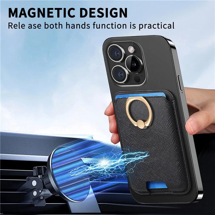 MC-W9 Magnetic Card Holder Ring Holder Kickstand Cross Texture Leather Phone Card Bag