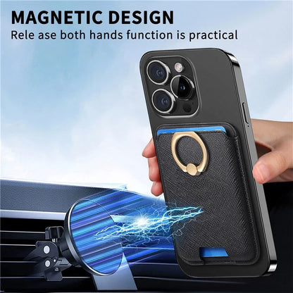 MC-W9 Magnetic Card Holder Ring Holder Kickstand Cross Texture Leather Phone Card Bag