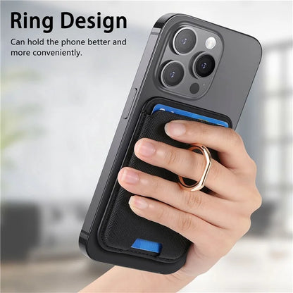 MC-W9 Magnetic Card Holder Ring Holder Kickstand Cross Texture Leather Phone Card Bag