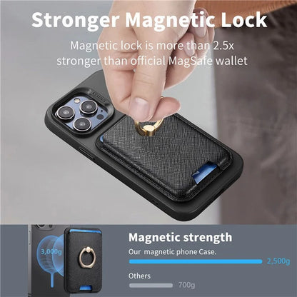 MC-W9 Magnetic Card Holder Ring Holder Kickstand Cross Texture Leather Phone Card Bag