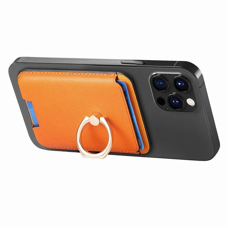 MC-W9 Magnetic Card Holder Ring Holder Kickstand Cross Texture Leather Phone Card Bag