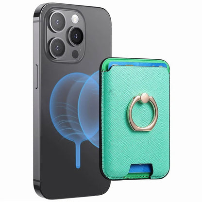 MC-W9 Magnetic Card Holder Ring Holder Kickstand Cross Texture Leather Phone Card Bag