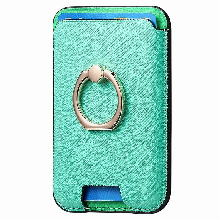 MC-W9 Magnetic Card Holder Ring Holder Kickstand Cross Texture Leather Phone Card Bag