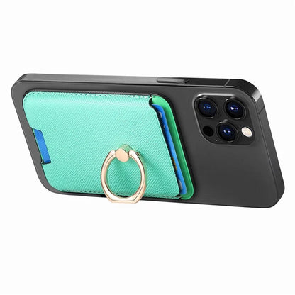 MC-W9 Magnetic Card Holder Ring Holder Kickstand Cross Texture Leather Phone Card Bag