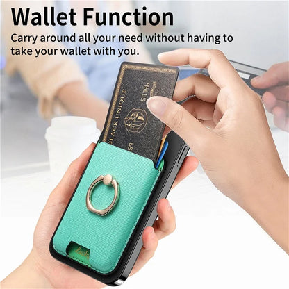 MC-W9 Magnetic Card Holder Ring Holder Kickstand Cross Texture Leather Phone Card Bag