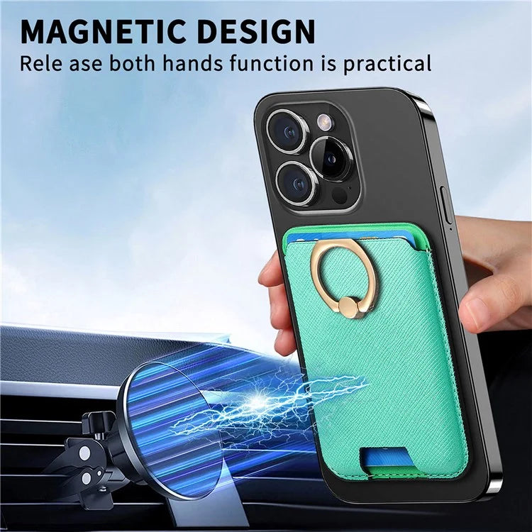 MC-W9 Magnetic Card Holder Ring Holder Kickstand Cross Texture Leather Phone Card Bag