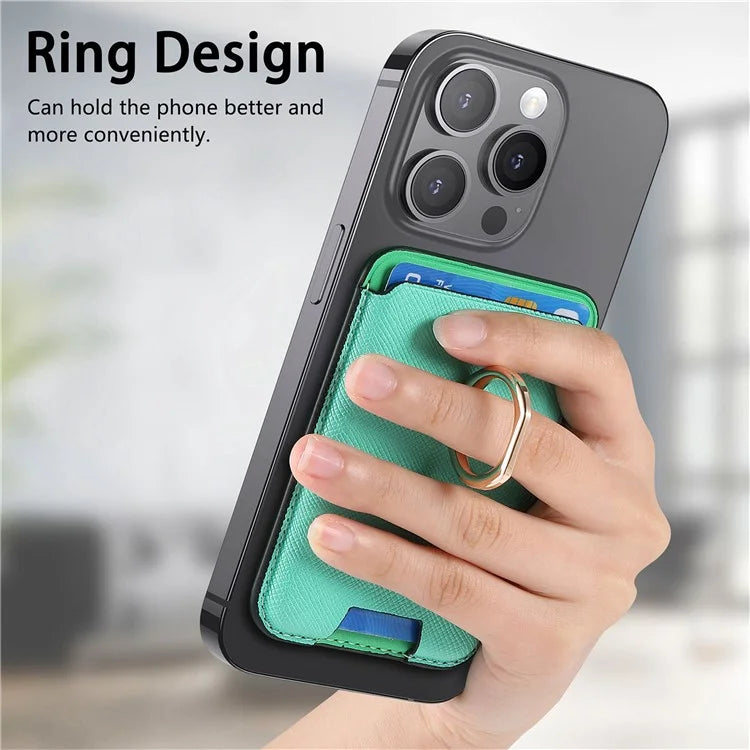 MC-W9 Magnetic Card Holder Ring Holder Kickstand Cross Texture Leather Phone Card Bag