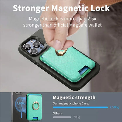 MC-W9 Magnetic Card Holder Ring Holder Kickstand Cross Texture Leather Phone Card Bag