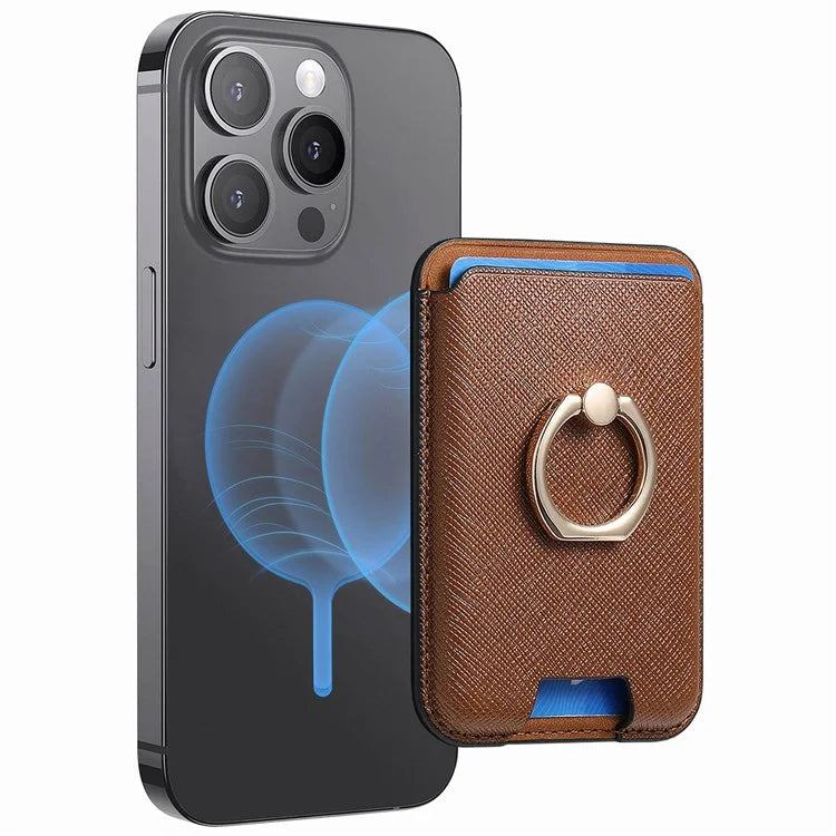 MC-W9 Magnetic Card Holder Ring Holder Kickstand Cross Texture Leather Phone Card Bag