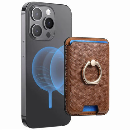 MC-W9 Magnetic Card Holder Ring Holder Kickstand Cross Texture Leather Phone Card Bag