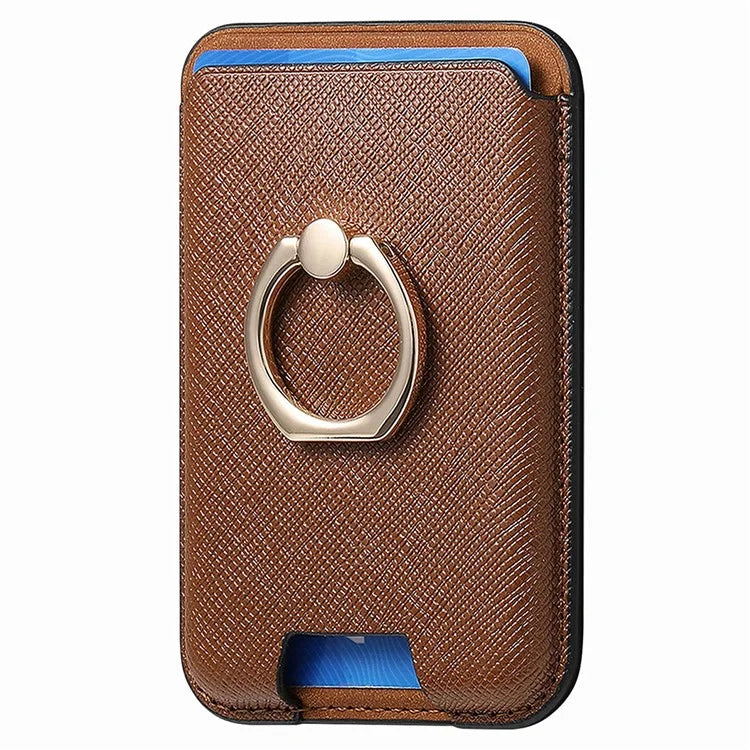 MC-W9 Magnetic Card Holder Ring Holder Kickstand Cross Texture Leather Phone Card Bag
