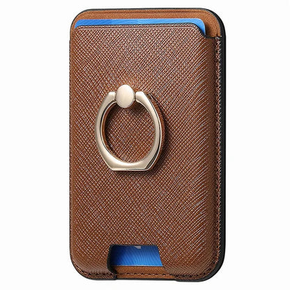 MC-W9 Magnetic Card Holder Ring Holder Kickstand Cross Texture Leather Phone Card Bag
