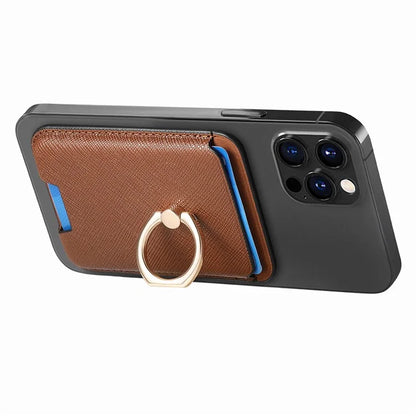 MC-W9 Magnetic Card Holder Ring Holder Kickstand Cross Texture Leather Phone Card Bag