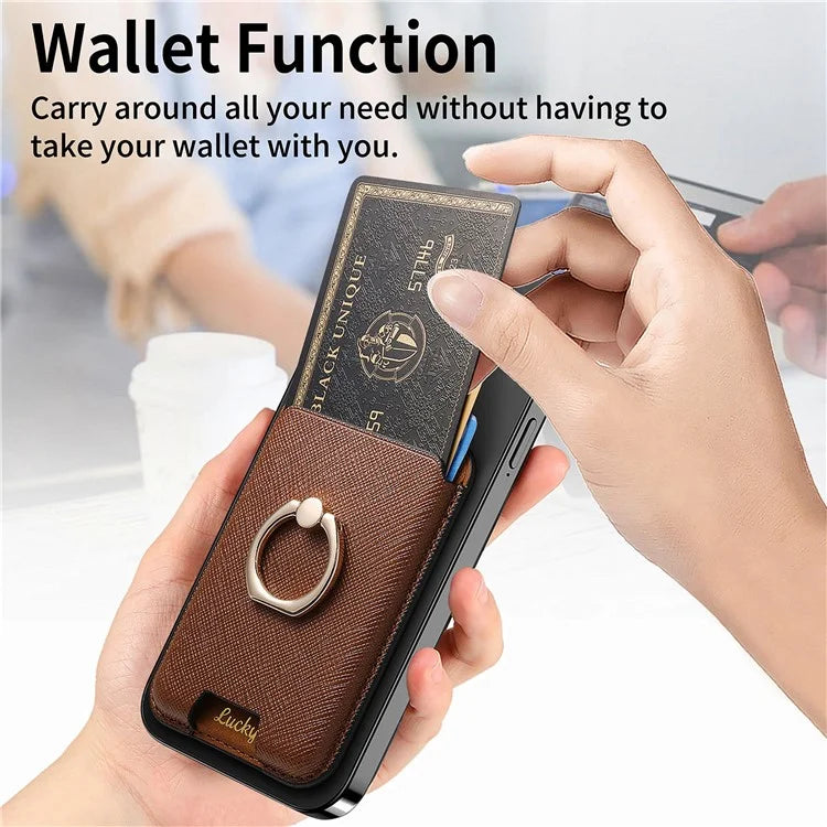 MC-W9 Magnetic Card Holder Ring Holder Kickstand Cross Texture Leather Phone Card Bag