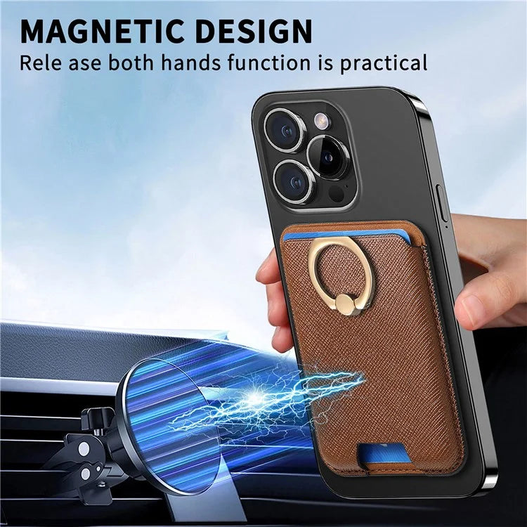 MC-W9 Magnetic Card Holder Ring Holder Kickstand Cross Texture Leather Phone Card Bag