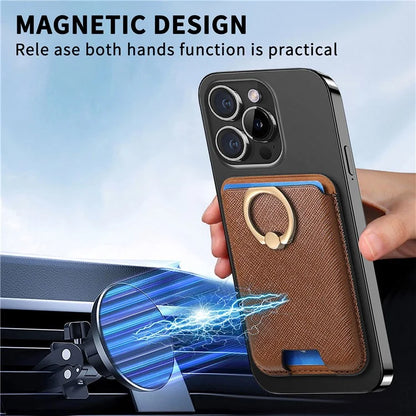 MC-W9 Magnetic Card Holder Ring Holder Kickstand Cross Texture Leather Phone Card Bag
