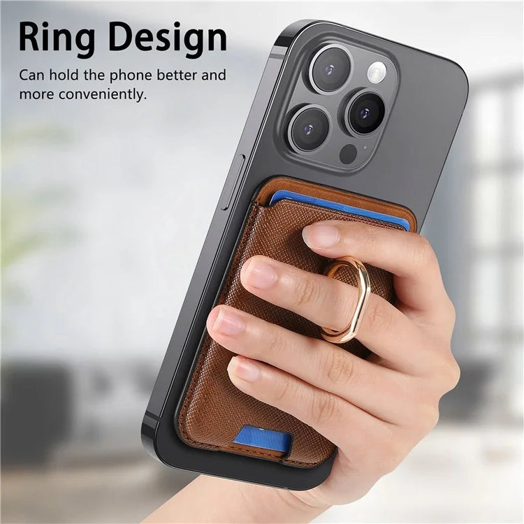 MC-W9 Magnetic Card Holder Ring Holder Kickstand Cross Texture Leather Phone Card Bag