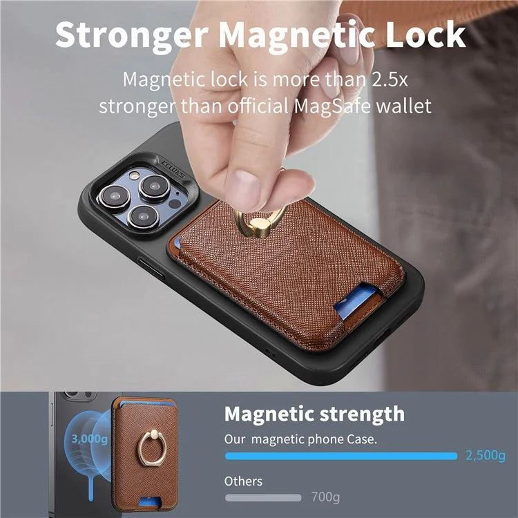 MC-W9 Magnetic Card Holder Ring Holder Kickstand Cross Texture Leather Phone Card Bag