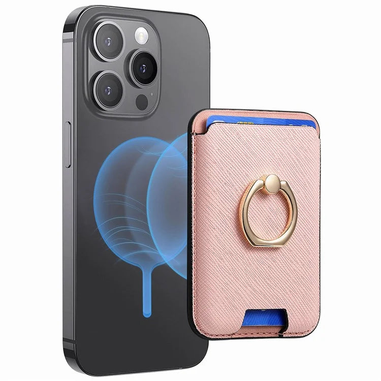 MC-W9 Magnetic Card Holder Ring Holder Kickstand Cross Texture Leather Phone Card Bag