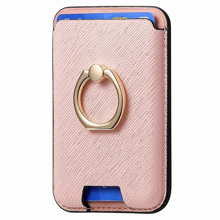 MC-W9 Magnetic Card Holder Ring Holder Kickstand Cross Texture Leather Phone Card Bag
