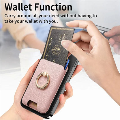 MC-W9 Magnetic Card Holder Ring Holder Kickstand Cross Texture Leather Phone Card Bag