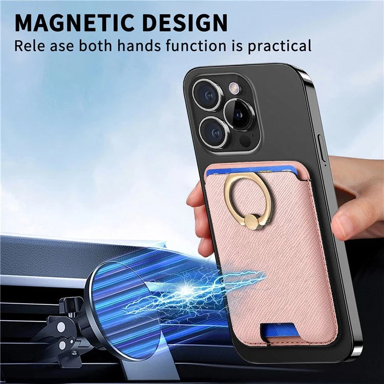MC-W9 Magnetic Card Holder Ring Holder Kickstand Cross Texture Leather Phone Card Bag