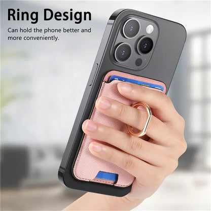 MC-W9 Magnetic Card Holder Ring Holder Kickstand Cross Texture Leather Phone Card Bag