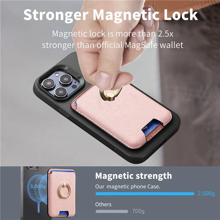MC-W9 Magnetic Card Holder Ring Holder Kickstand Cross Texture Leather Phone Card Bag