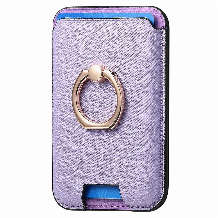 MC-W9 Magnetic Card Holder Ring Holder Kickstand Cross Texture Leather Phone Card Bag