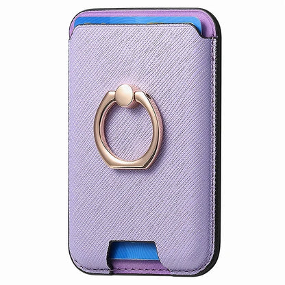 MC-W9 Magnetic Card Holder Ring Holder Kickstand Cross Texture Leather Phone Card Bag