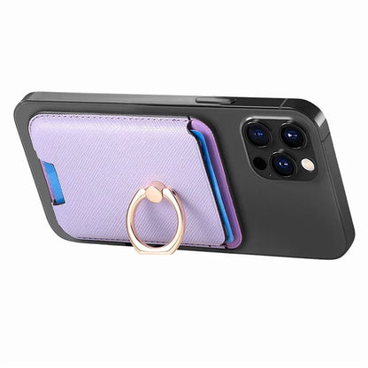 MC-W9 Magnetic Card Holder Ring Holder Kickstand Cross Texture Leather Phone Card Bag