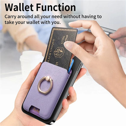 MC-W9 Magnetic Card Holder Ring Holder Kickstand Cross Texture Leather Phone Card Bag
