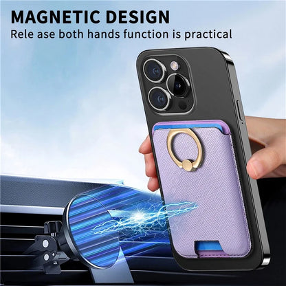 MC-W9 Magnetic Card Holder Ring Holder Kickstand Cross Texture Leather Phone Card Bag