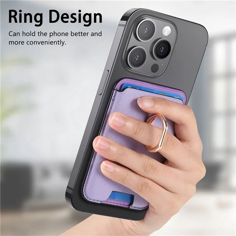 MC-W9 Magnetic Card Holder Ring Holder Kickstand Cross Texture Leather Phone Card Bag