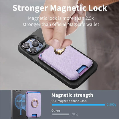 MC-W9 Magnetic Card Holder Ring Holder Kickstand Cross Texture Leather Phone Card Bag