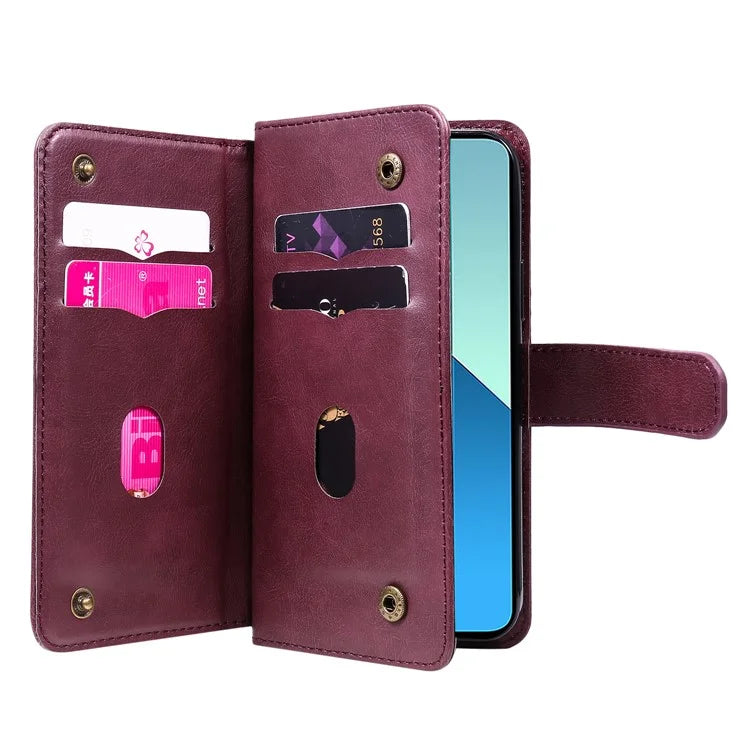 KT Multi-Functional Series-1 For Xiaomi Redmi Note 13 4G Case Leather Wallet Flip Phone Cover 10 Card Slots