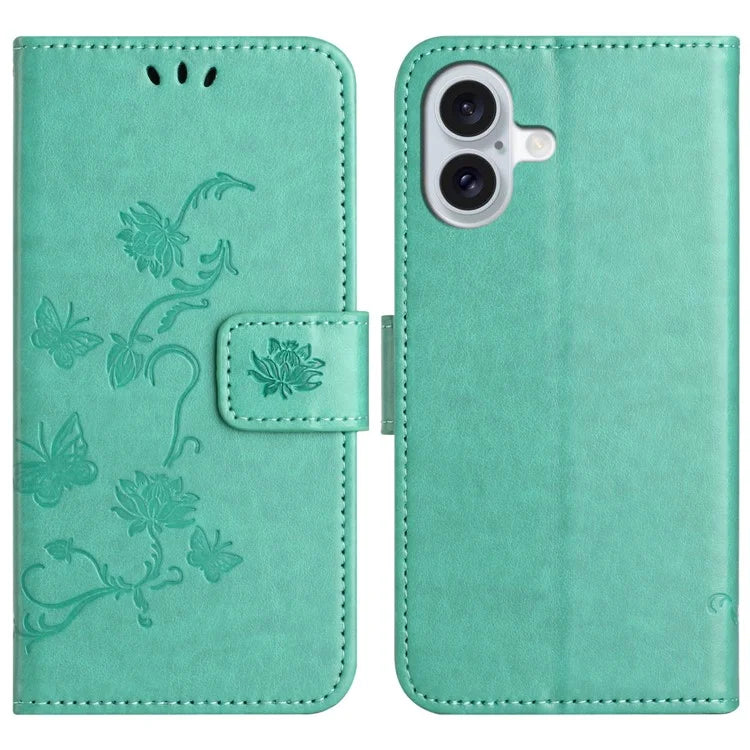 For iPhone 16 Plus Case PU Leather Wallet Phone Cover Butterfly Flower Pattern