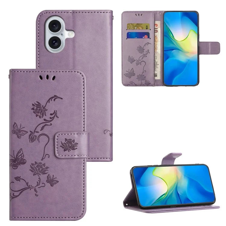 For iPhone 16 Plus Case PU Leather Wallet Phone Cover Butterfly Flower Pattern