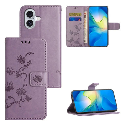 For iPhone 16 Plus Case PU Leather Wallet Phone Cover Butterfly Flower Pattern