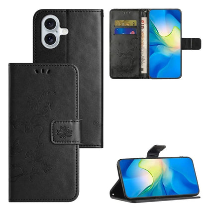 For iPhone 16 Plus Case PU Leather Wallet Phone Cover Butterfly Flower Pattern