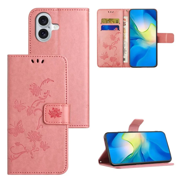 For iPhone 16 Plus Case PU Leather Wallet Phone Cover Butterfly Flower Pattern