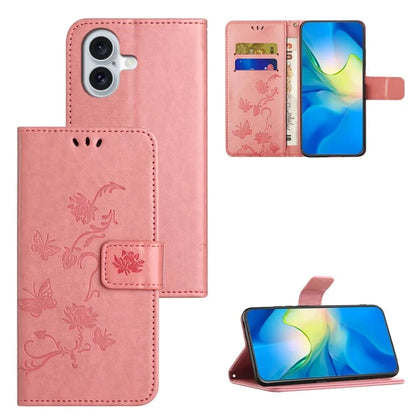 For iPhone 16 Plus Case PU Leather Wallet Phone Cover Butterfly Flower Pattern