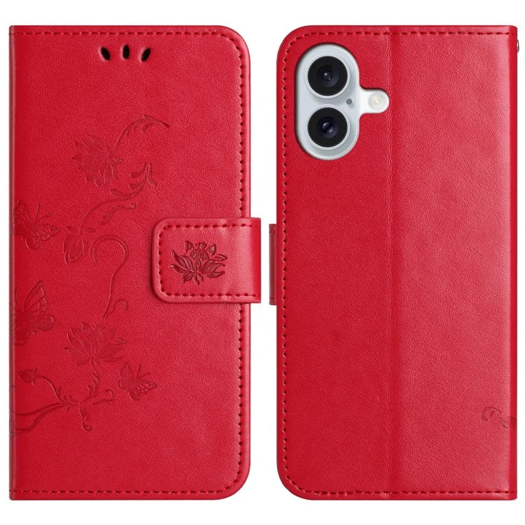 For iPhone 16 Plus Case PU Leather Wallet Phone Cover Butterfly Flower Pattern