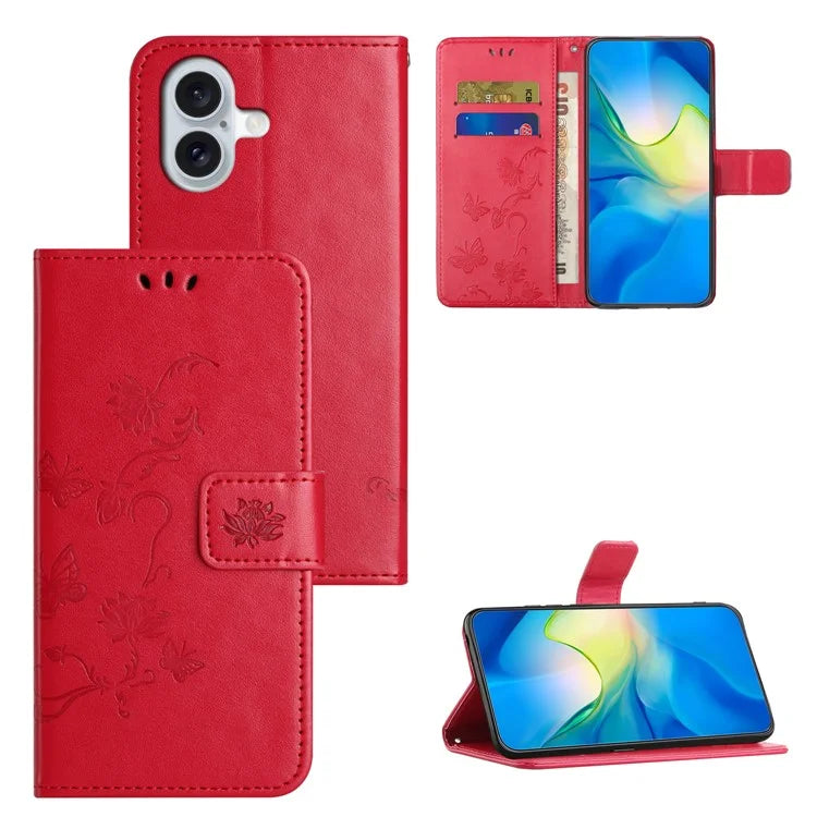 For iPhone 16 Plus Case PU Leather Wallet Phone Cover Butterfly Flower Pattern