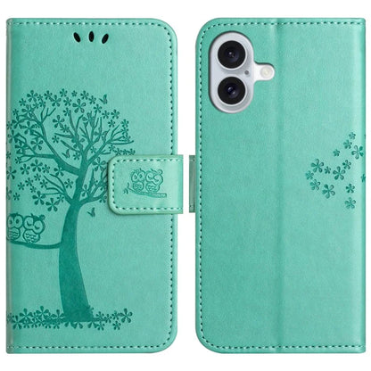 For iPhone 16 Plus Wallet Case Owl Tree Imprinted PU Leather Phone Cover