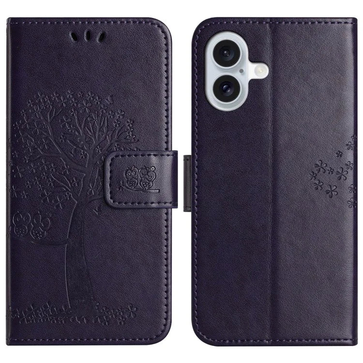 For iPhone 16 Plus Wallet Case Owl Tree Imprinted PU Leather Phone Cover
