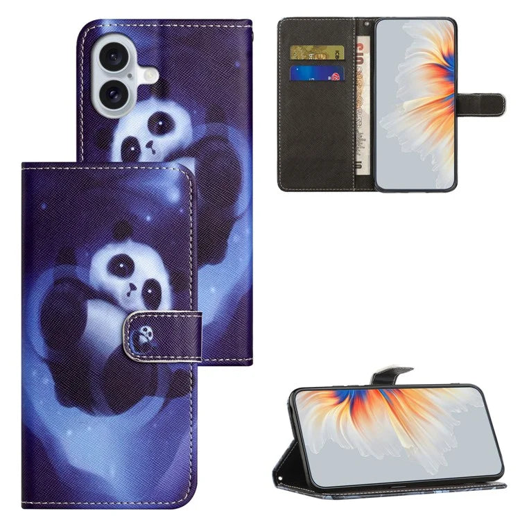 For iPhone 16 Plus Case Pattern Print PU Leather Wallet Phone Cover Cross Texture