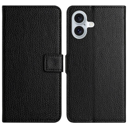 For iPhone 16 Plus Case Litchi Texture PU Leather Wallet Folio Flip Phone Cover, Black